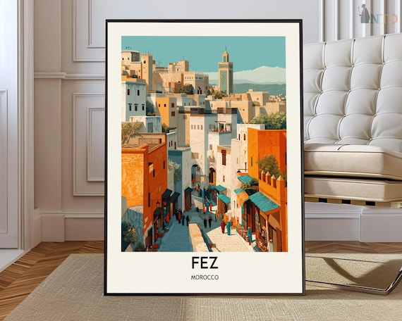 Fez Morocco Colorful Souk Market Street Vintage Travel Poster