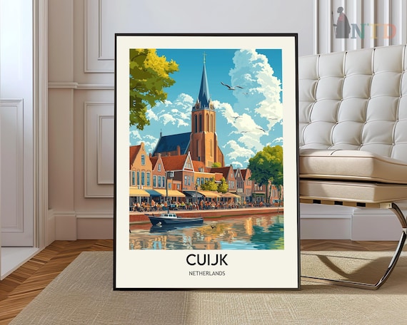 Cuijk Netherlands Waterfront Church Travel Poster Dutch Harbor Scene Art