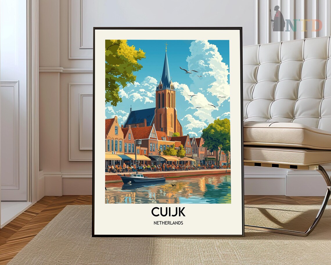 Cuijk Netherlands Waterfront Church Travel Poster Dutch Harbor Scene Art