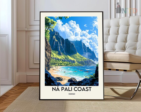 Na Pali Coast Hawaii Kauai Cliffs Beach Tropical Travel Poster