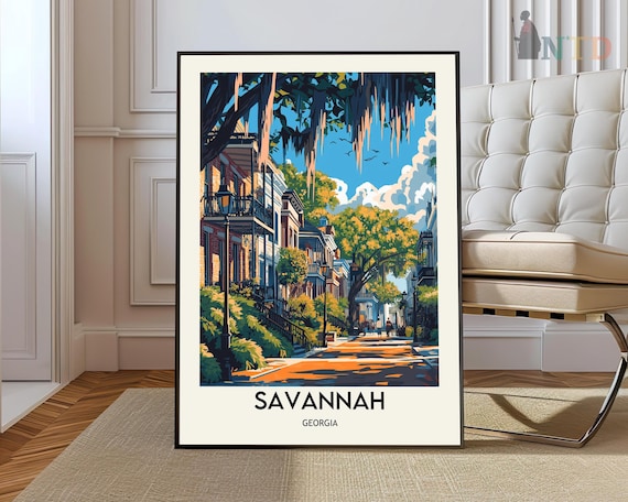 Savannah Georgia Historic Street Spanish Moss Oak Travel Poster