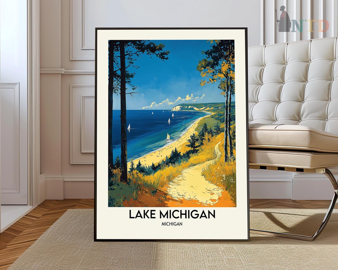 Lake Michigan Sandy Beach Pine Forest Sailboat Travel Poster
