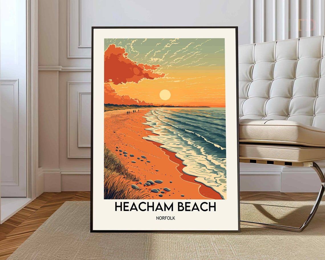 Heacham Beach Norfolk Travel Poster Sunset Waves England Coast