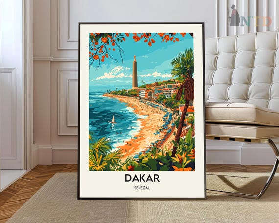 Dakar Senegal Daytime Beach With Monument Retro Travel Poster