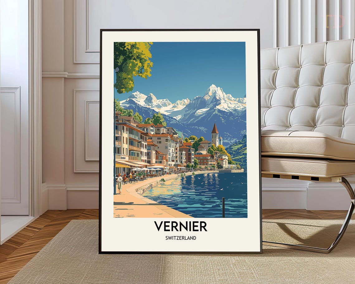 Charming Vernier Switzerland Lakeside Town Mountain View Travel Poster