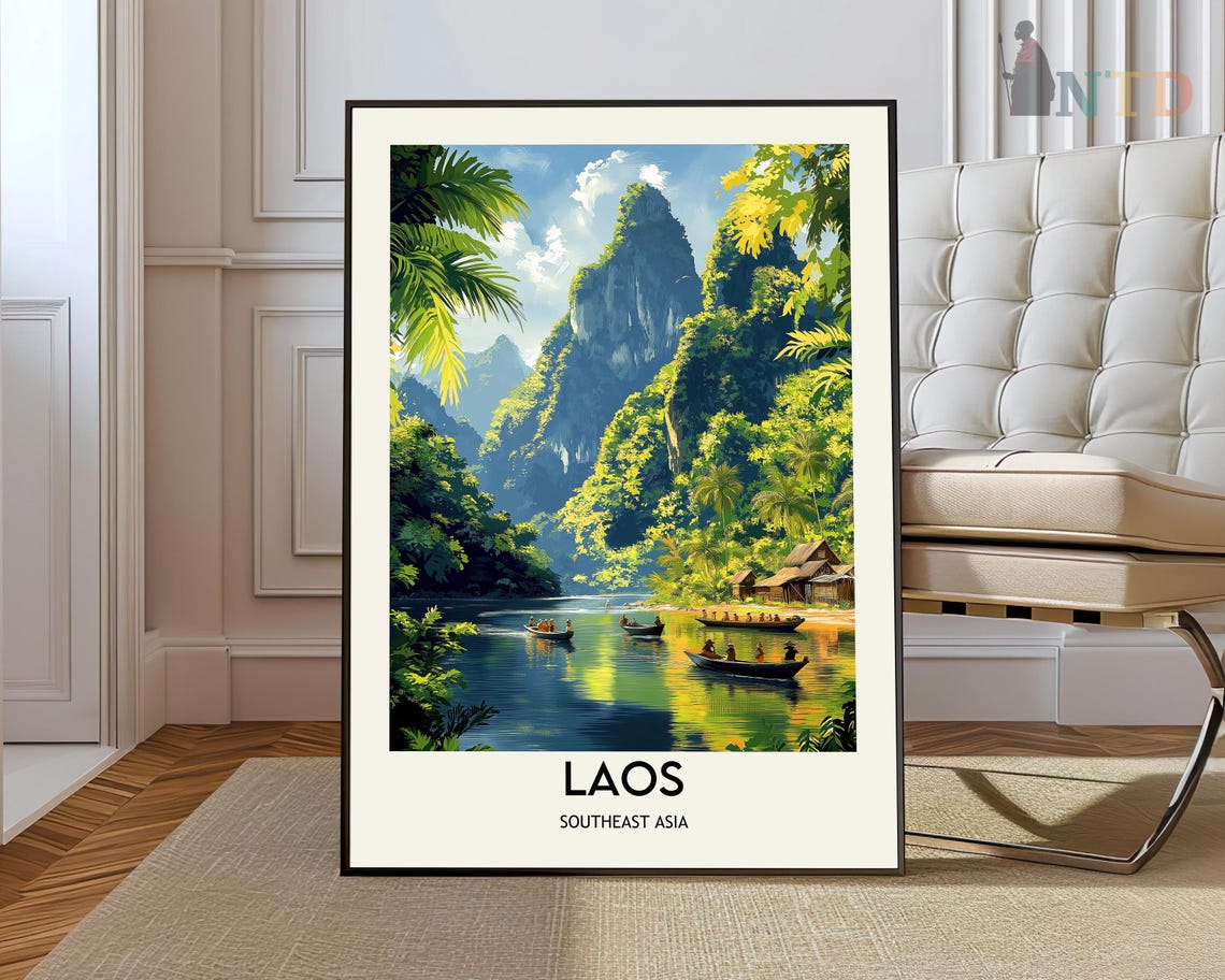 Laos Southeast Asia Jungle Karst Mountains River Boats Poster