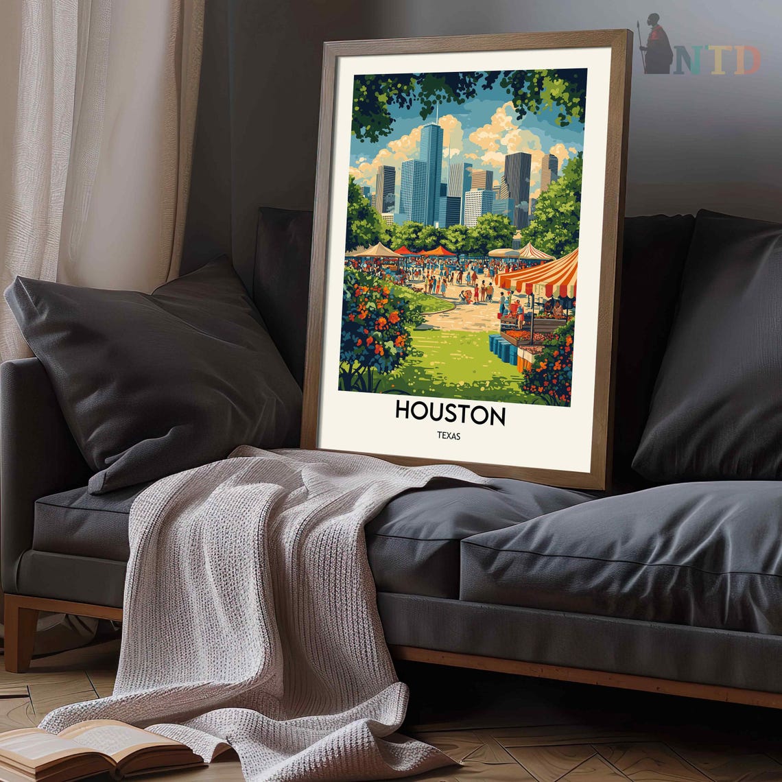 Houston Texas Downtown Skyline Festival Park Market Scene Poster - Image 3