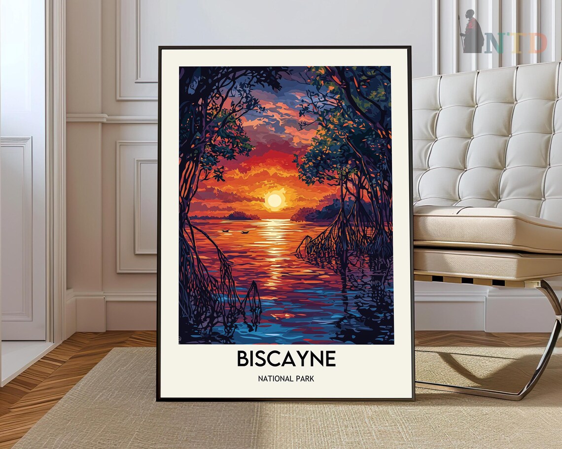 Biscayne National Park Sunset Mangrove Water Florida Travel Art Poster