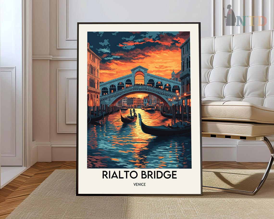 Rialto Bridge Venice Sunset Gondolas Vintage Italy Travel Poster