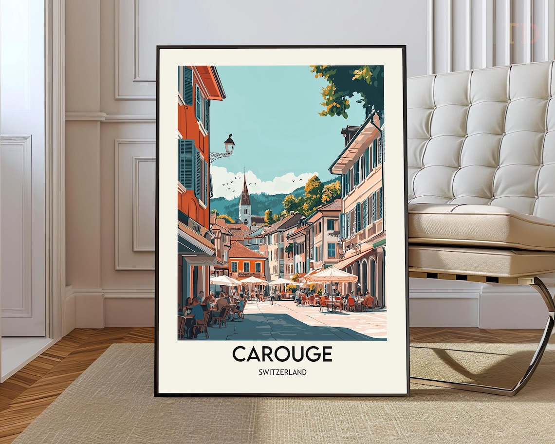 Carouge Switzerland Travel Poster Sunny Street Cafes Old Town Art