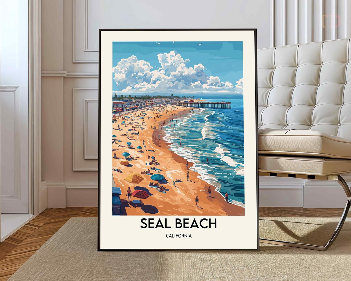 Seal Beach California Pier Crowded Vintage Beach Travel Art Poster