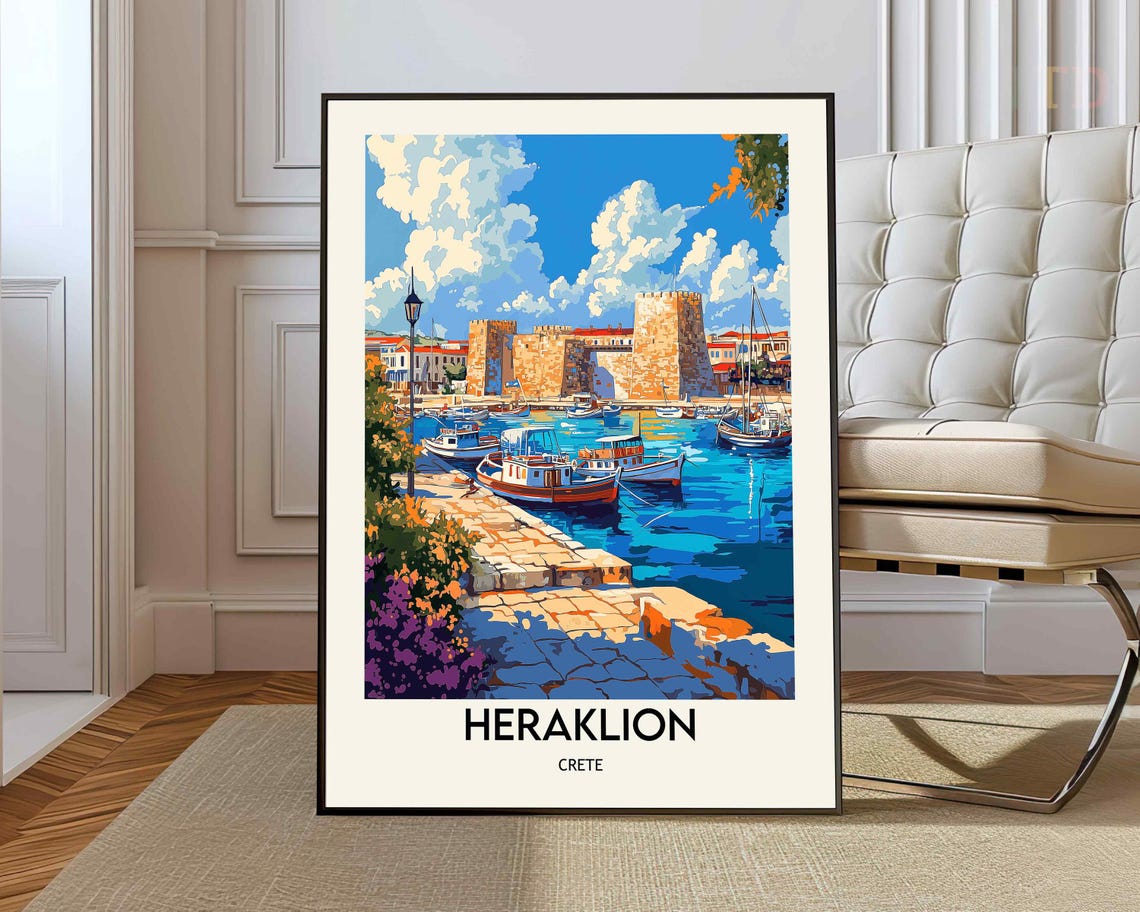 Heraklion Greece Rocky Beach With Palms And Umbrellas Travel Poster