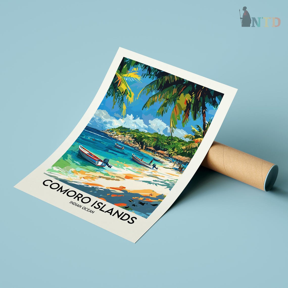 Comoro Islands Indian Ocean Tropical Beach Palm Fronds Fishing Poster - Image 2