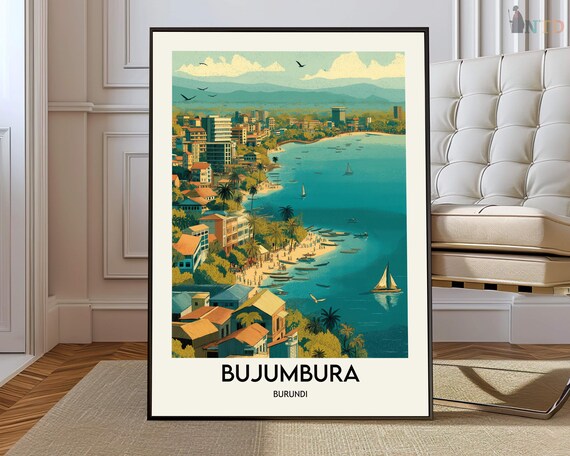 Bujumbura Burundi Lake Bay Poster Sailboat Palms Hillside Travel Art