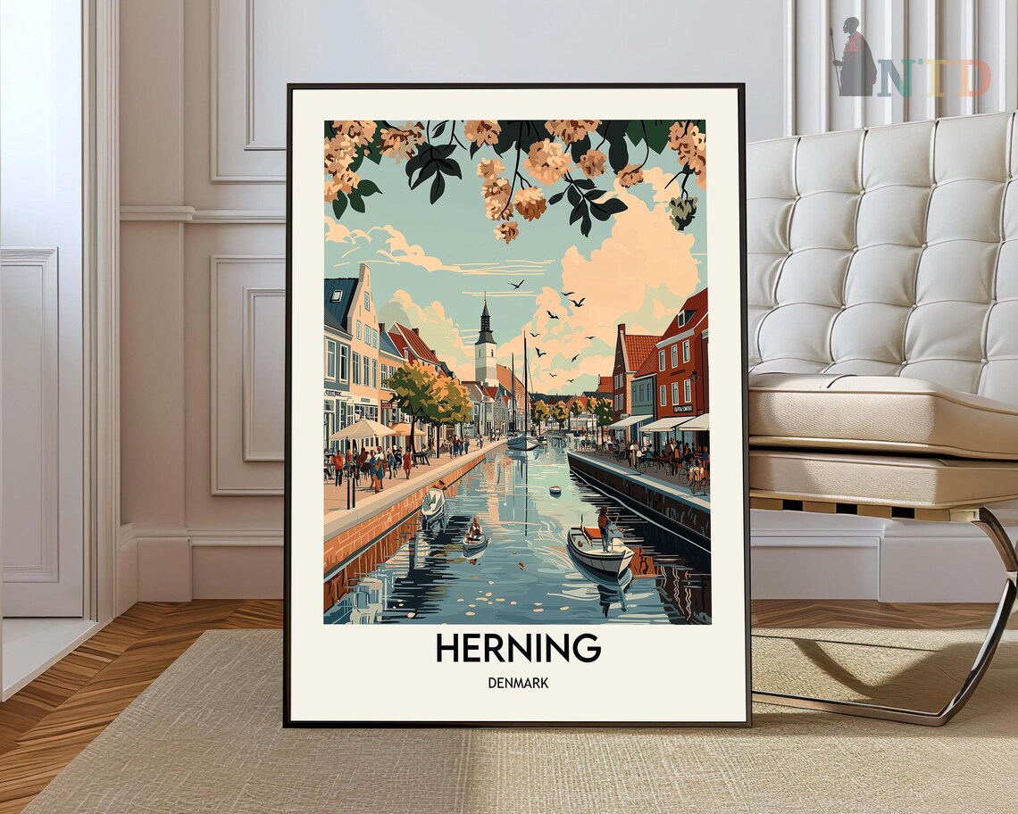 Herning Denmark Vintage Travel Poster of a Canal Town Retro Art