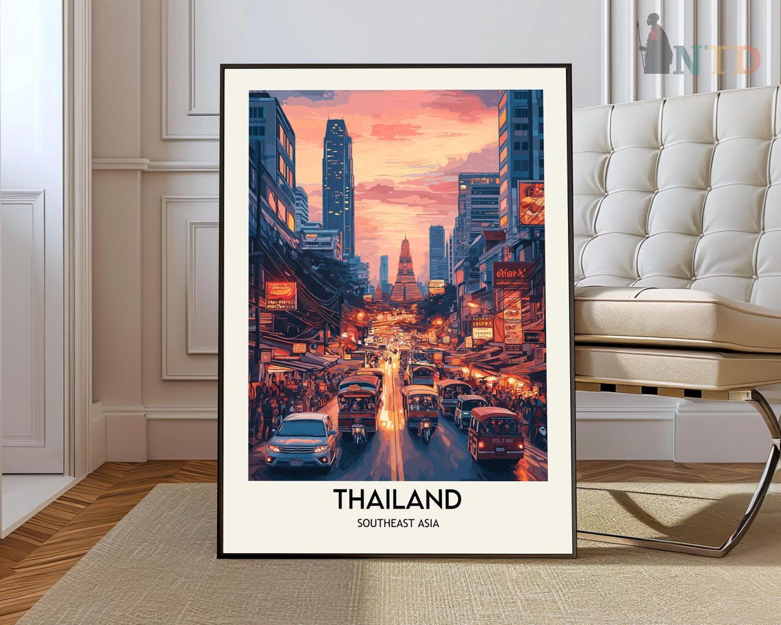 Thailand Street Scene at Sunset with Temple Spire Travel Poster