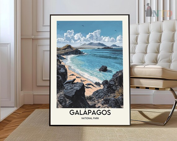 Galapagos National Park Volcanic Beach Sea Lions Travel Poster