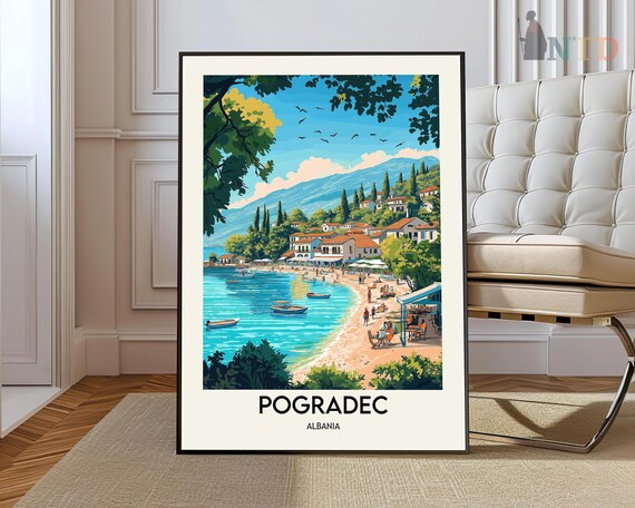Pogradec Albania Lake Shore Boats Mountains Seaside Travel Poster