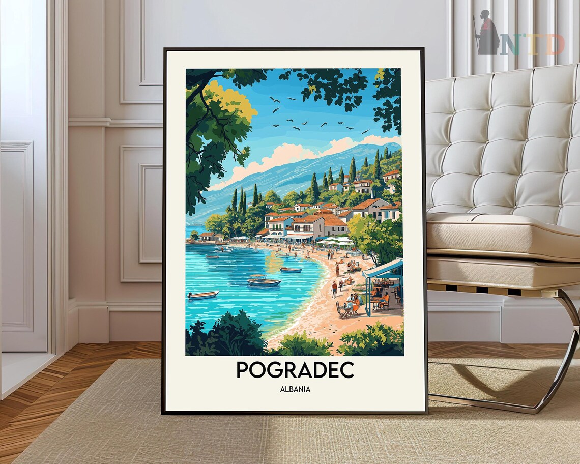 Pogradec Albania Lake Shore Boats Mountains Seaside Travel Poster