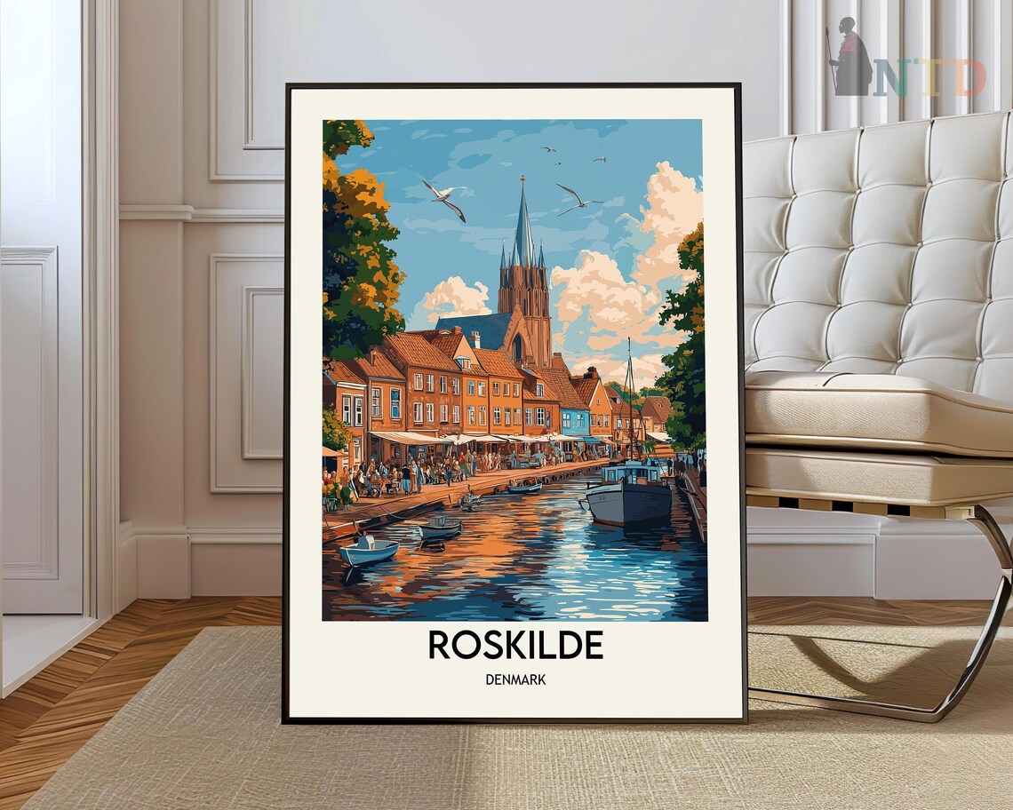 Roskilde Denmark Cathedral Spires Harbor Boats Vintage Travel Poster