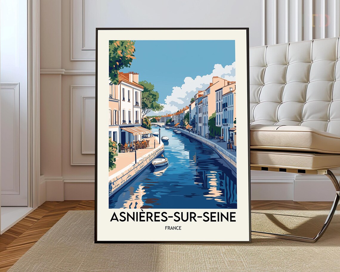 Asnières-sur-Seine France Canal With Moored Boats Art Poster