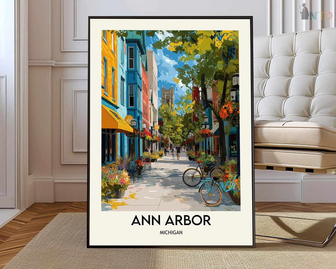 Ann Arbor Michigan Bicycles Parked Downtown Illustration Travel Poster