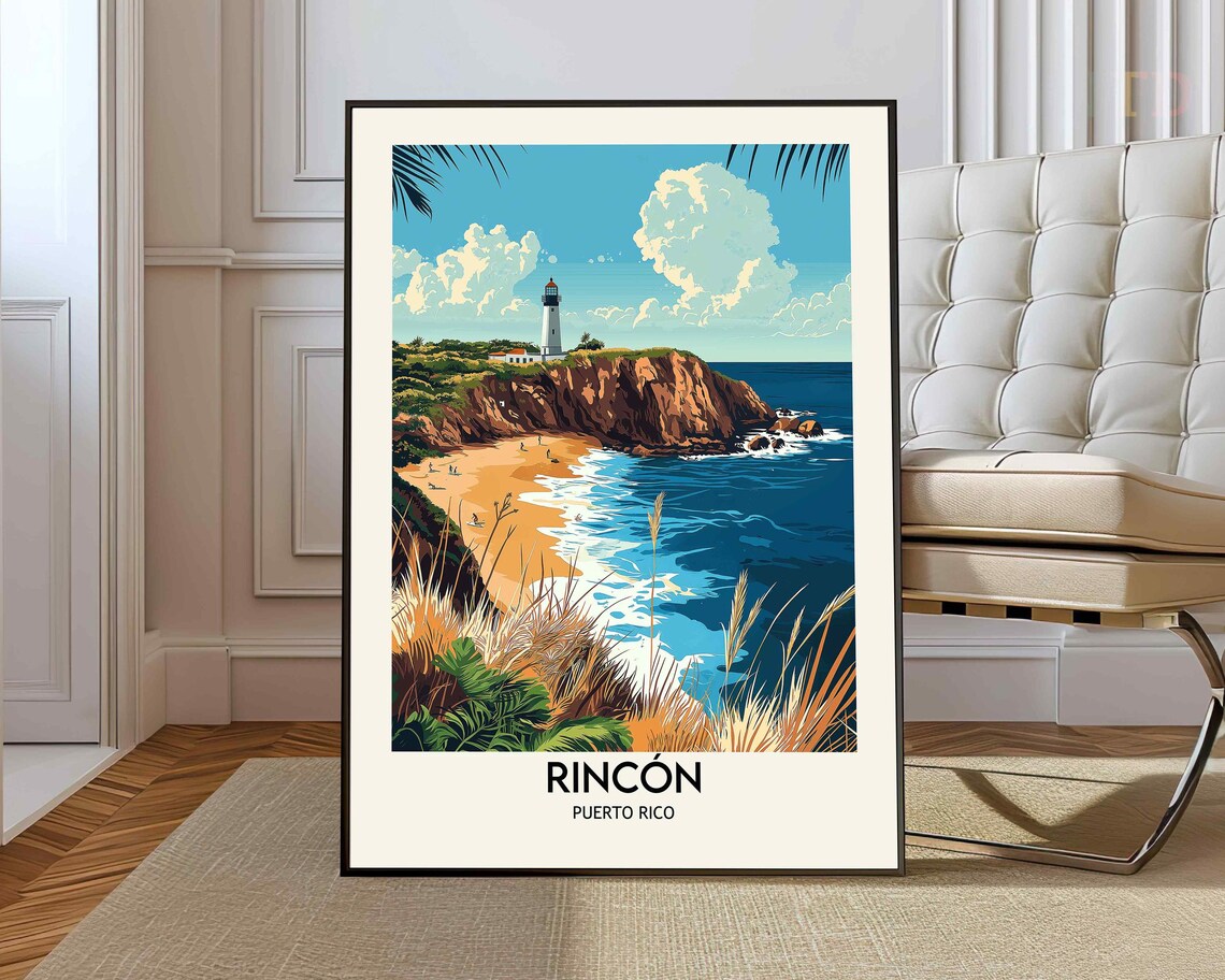 Rincón Puerto Rico Lighthouse Cliff Beach Surf Coastline Travel Poster