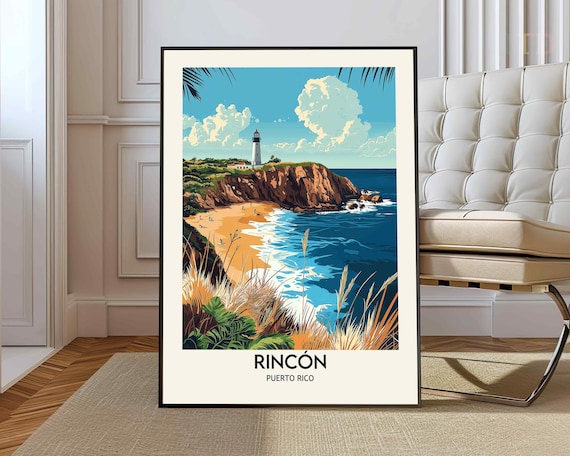 Rincón Puerto Rico Lighthouse Cliff Beach Surf Coastline Travel Poster