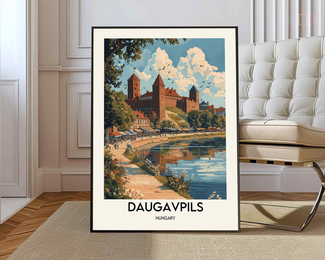 Daugavpils Retro Red Brick Castle Riverside Europe Travel Poster