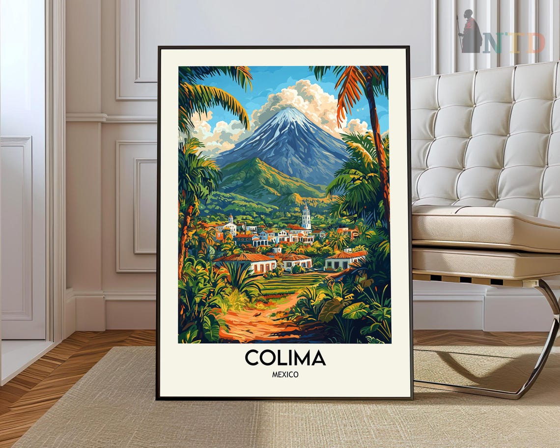 Colima Mexico Snowcapped Volcano Tropical Town Palm Trees Poster