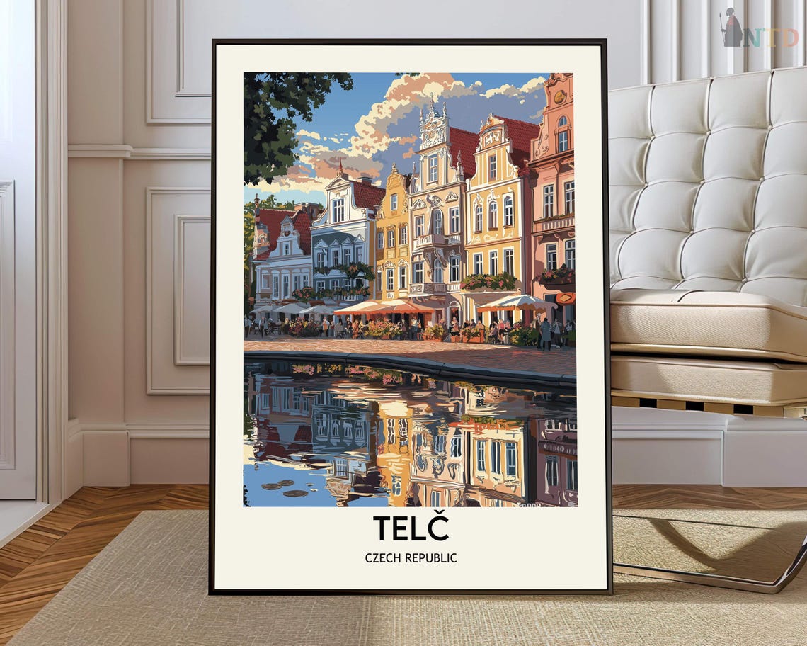 Telc Czech Republic Golden Sunset Square Reflection Travel Poster
