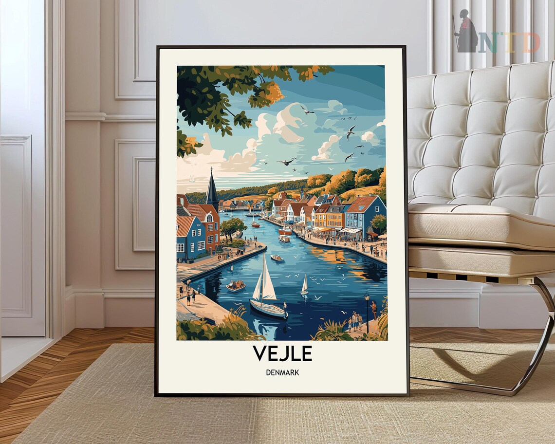 Vejle Denmark Fjord Harbor Vintage Travel Illustration Poster