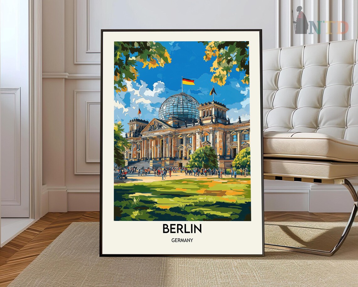 Berlin Germany Reichstag Glass Dome Flag Vintage Travel Poster