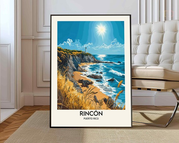 Rincon Puerto Rico Beach Lighthouse Cliffs Colorful Travel Poster