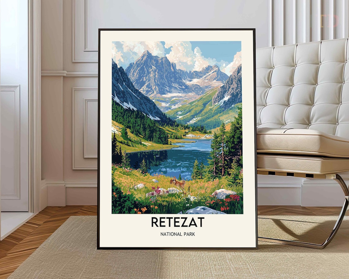Retezat National Park Jagged Peaks Glacial Lake Retro Travel Poster