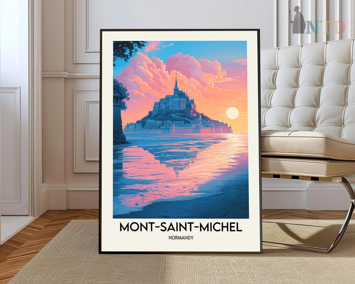 Mont Saint Michel Normandy Sunset Tide Reflection Travel Poster