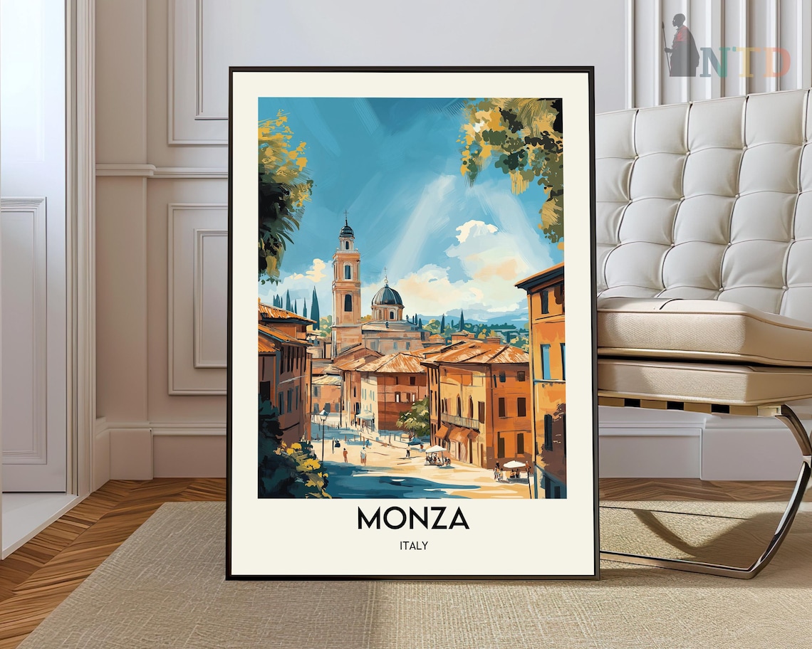 Monza Italy Sunlit Street With Bell Tower And Dome Travel Poster