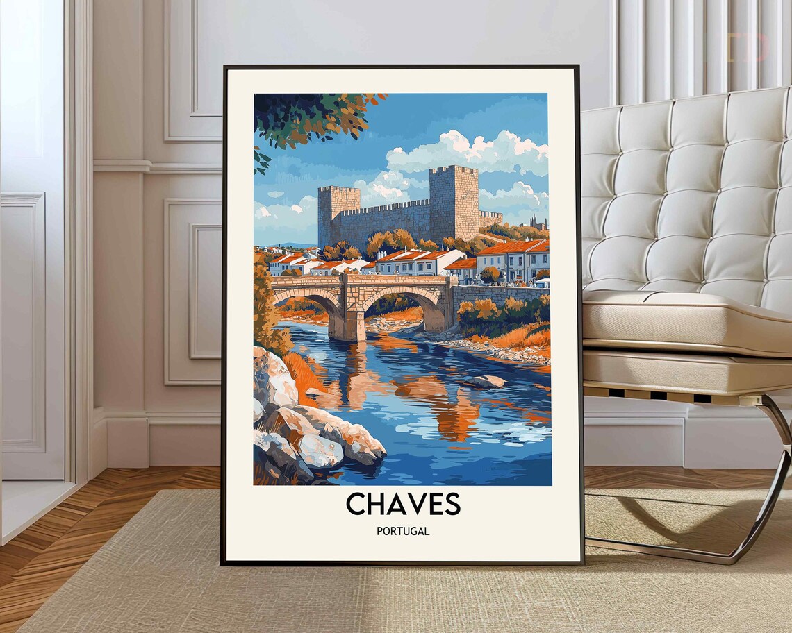 Chaves Portugal Roman Bridge Castle Riverside Vintage Travel Poster