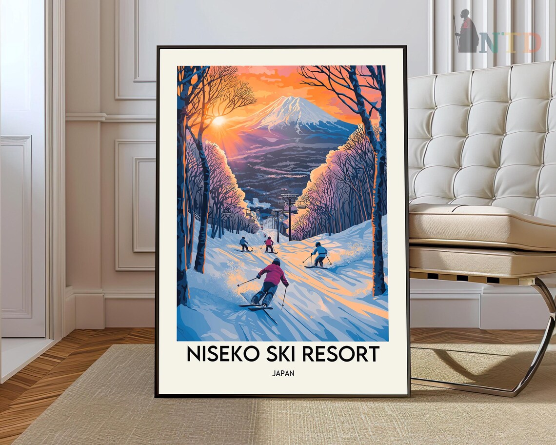 Niseko Ski Resort Japan Evening Skiers Snowy Trees Travel Poster
