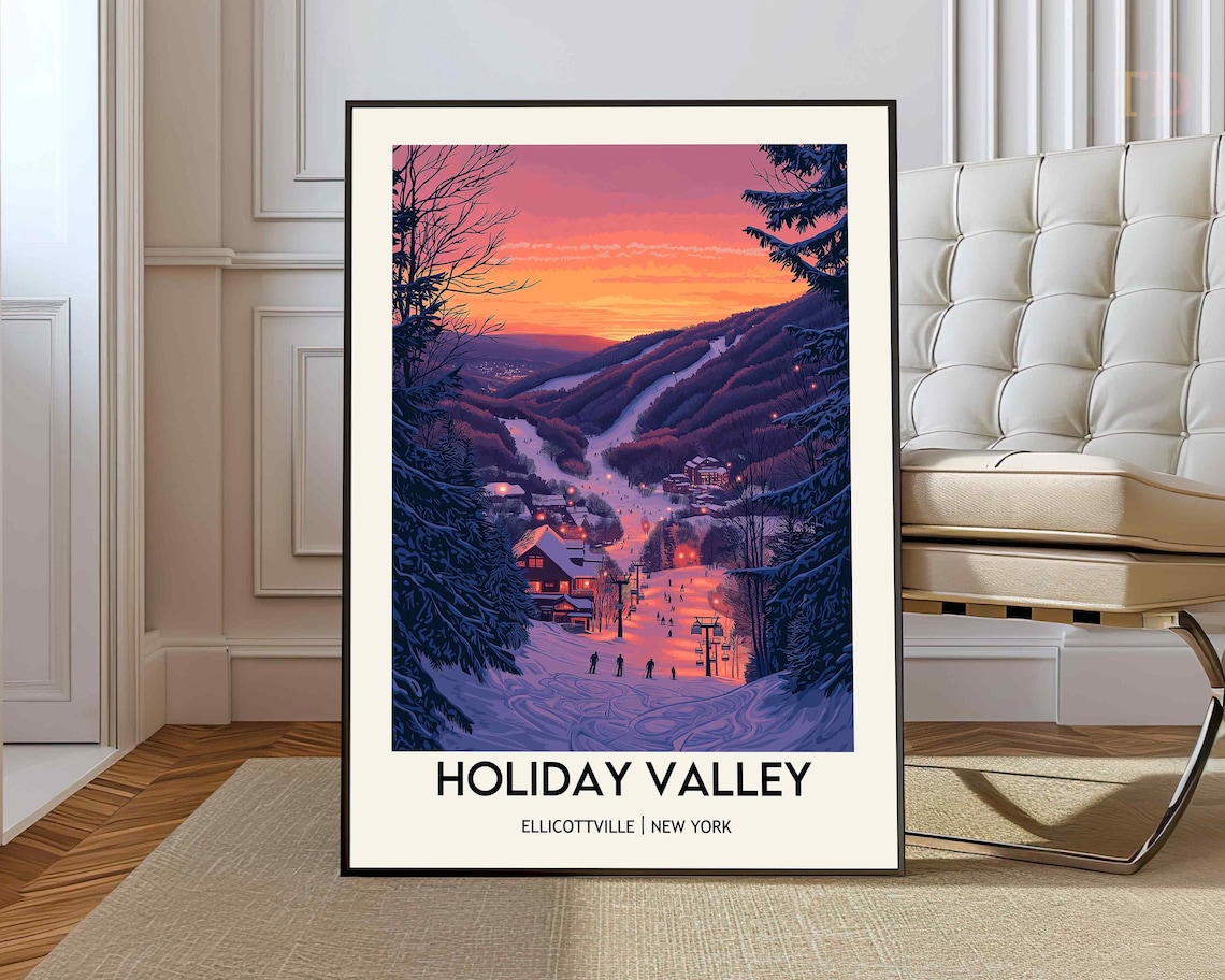 Holiday Valley New York Sunset Ski Resort Village Travel Poster