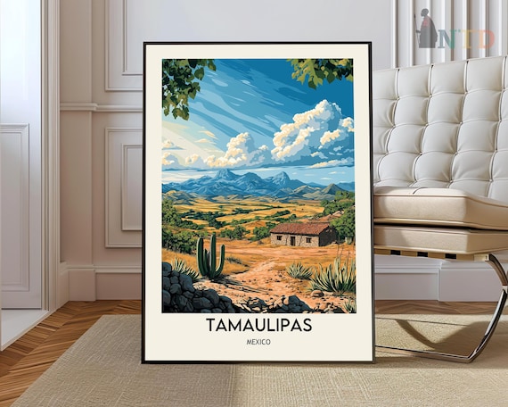 Tamaulipas Mexico Desert Cactus Adobe Hut Mountain Vintage Travel Poster
