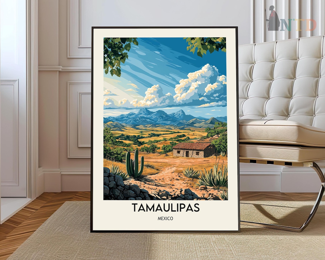Tamaulipas Mexico Desert Cactus Adobe Hut Mountain Vintage Travel Poster