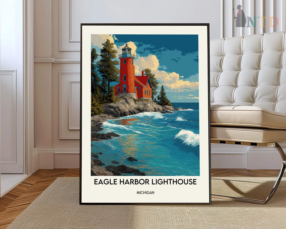 Eagle Harbor Lighthouse Rocky Shore Vintage Michigan Travel Poster