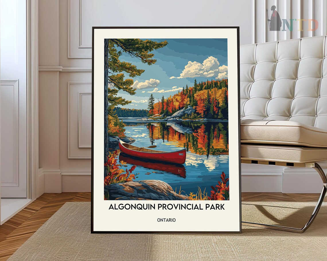 Algonquin Provincial Park Ontario Autumn Canoe Vintage Poster