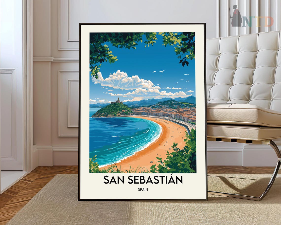 San Sebastian Spain Vintage Travel Poster La Concha Beach Coastline