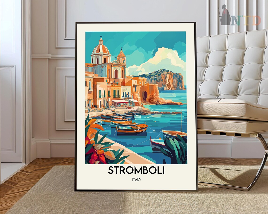 Stromboli Italy Colorful Harbor Cliffs and Boats Travel Poster