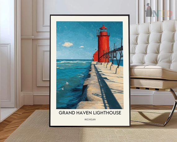 Grand Haven Lighthouse Red Beacon Lake Michigan Travel Poster