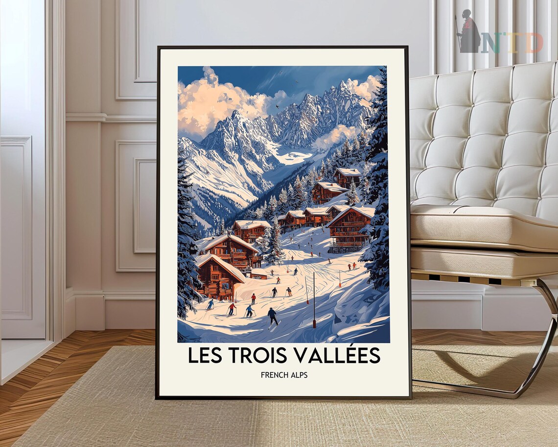 Les Trois Vallees French Alps Ski Village Vintage Travel Poster