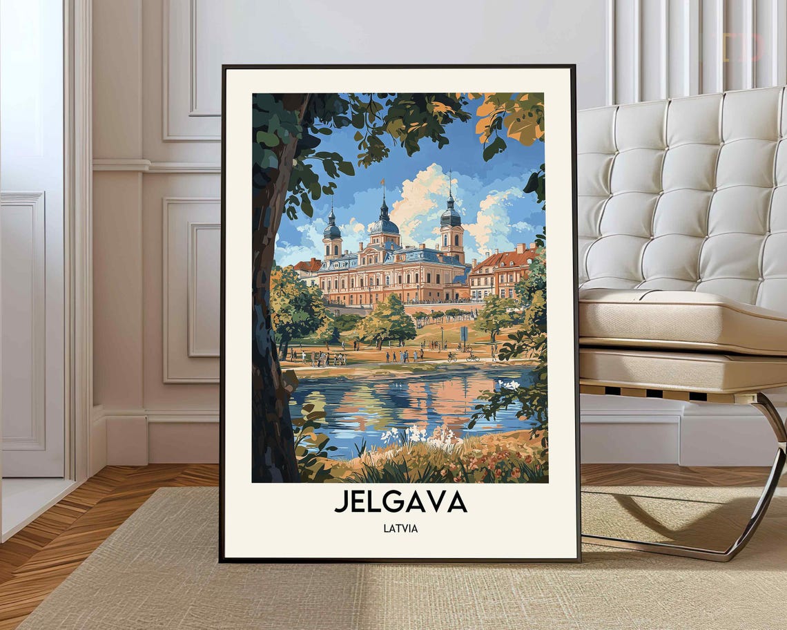 Jelgava Latvia Palace Vintage Travel Poster Riverside Park View