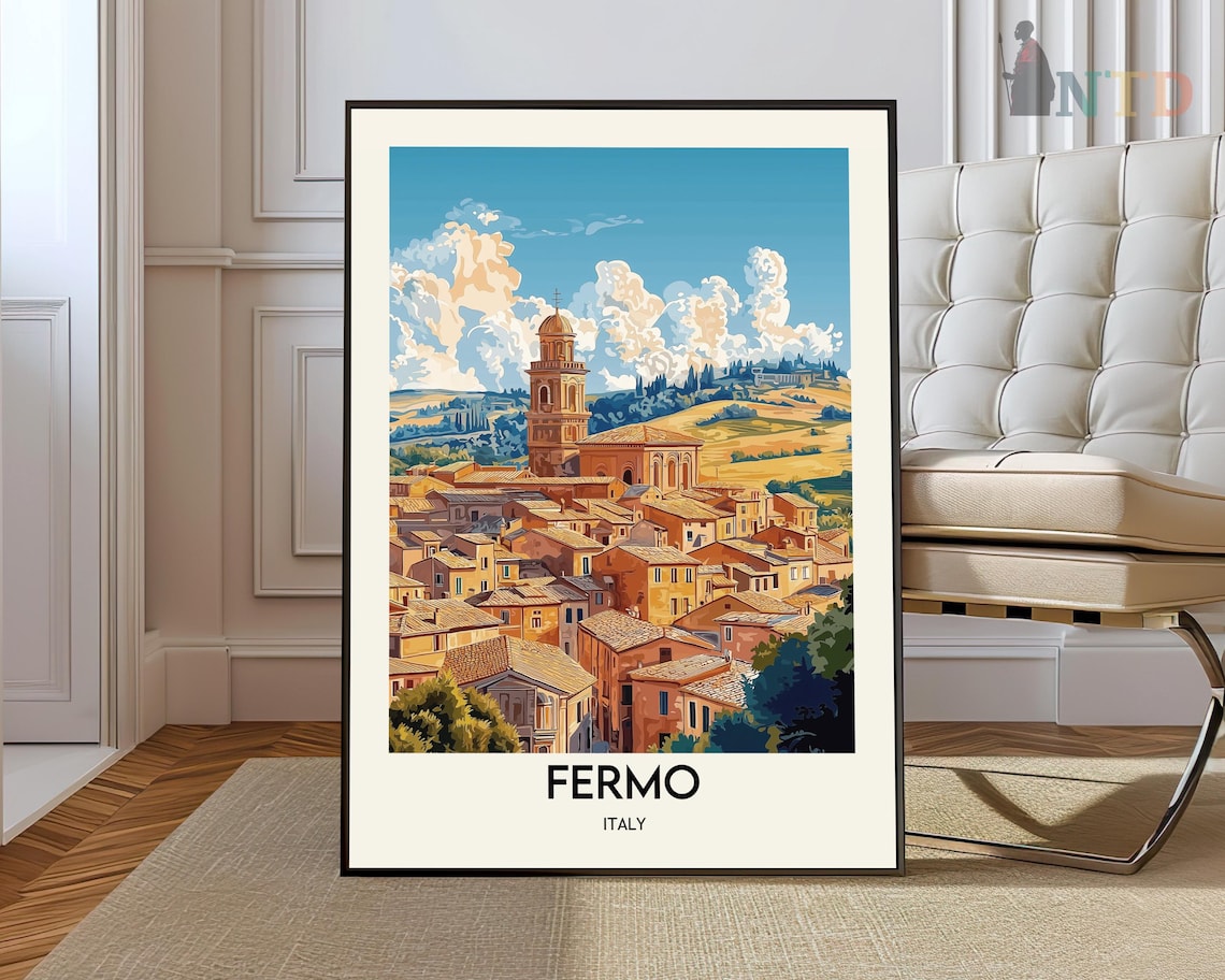 Fermo Italy Medieval Hilltop Church Tower Old Town Travel Poster